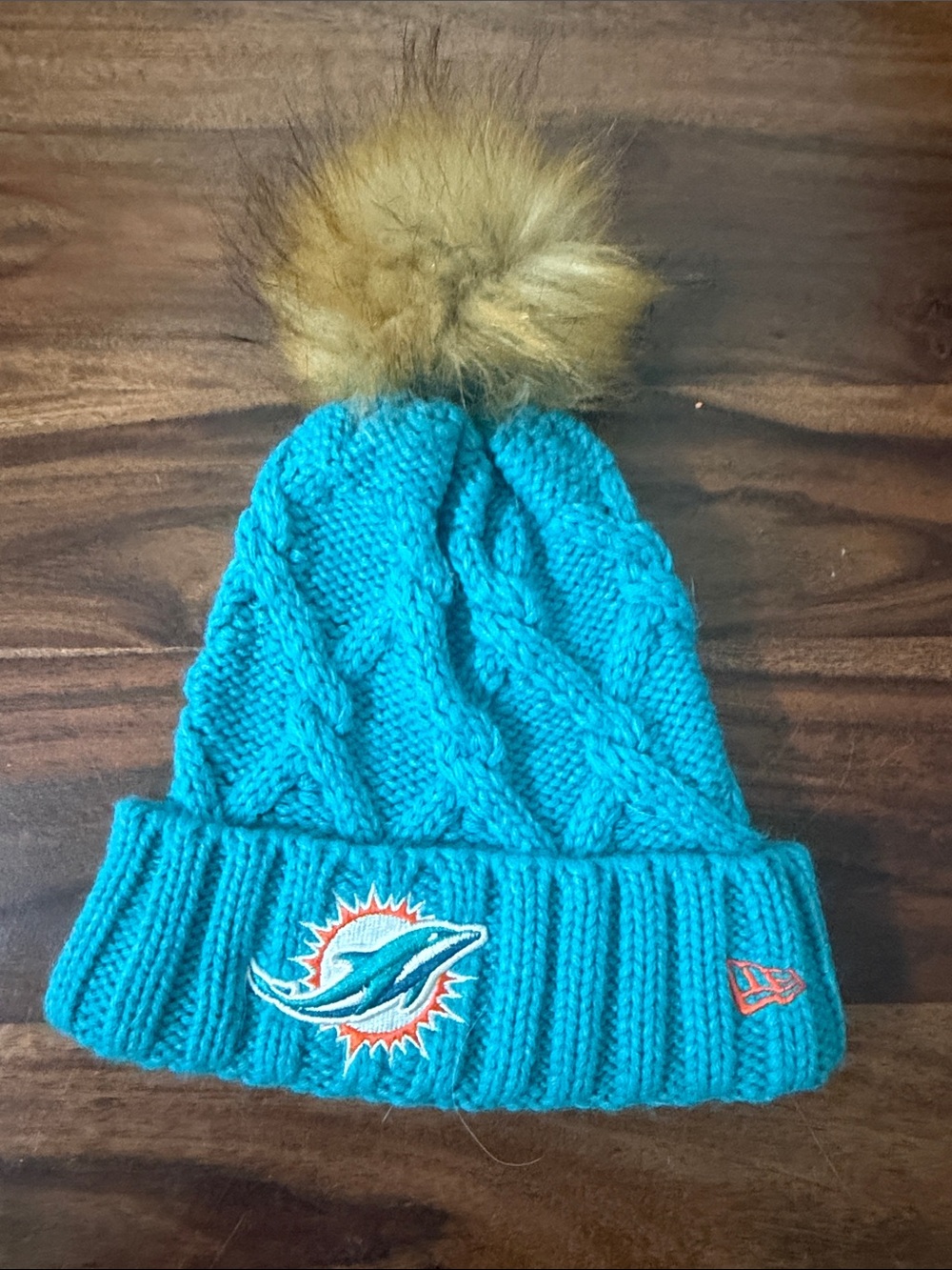 NFL Teal Cable Knit Pom Pom Beanie with Dolphins Logo